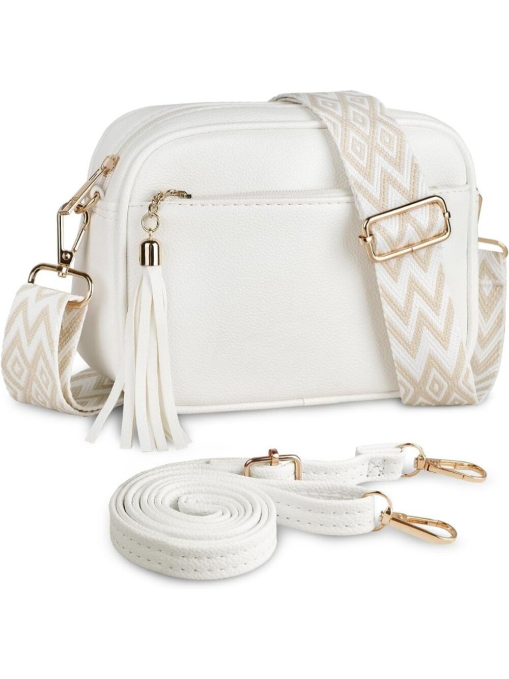 Women's White Faux Leather Small Shoulder Purse Crossbody Bag with Wide Strap